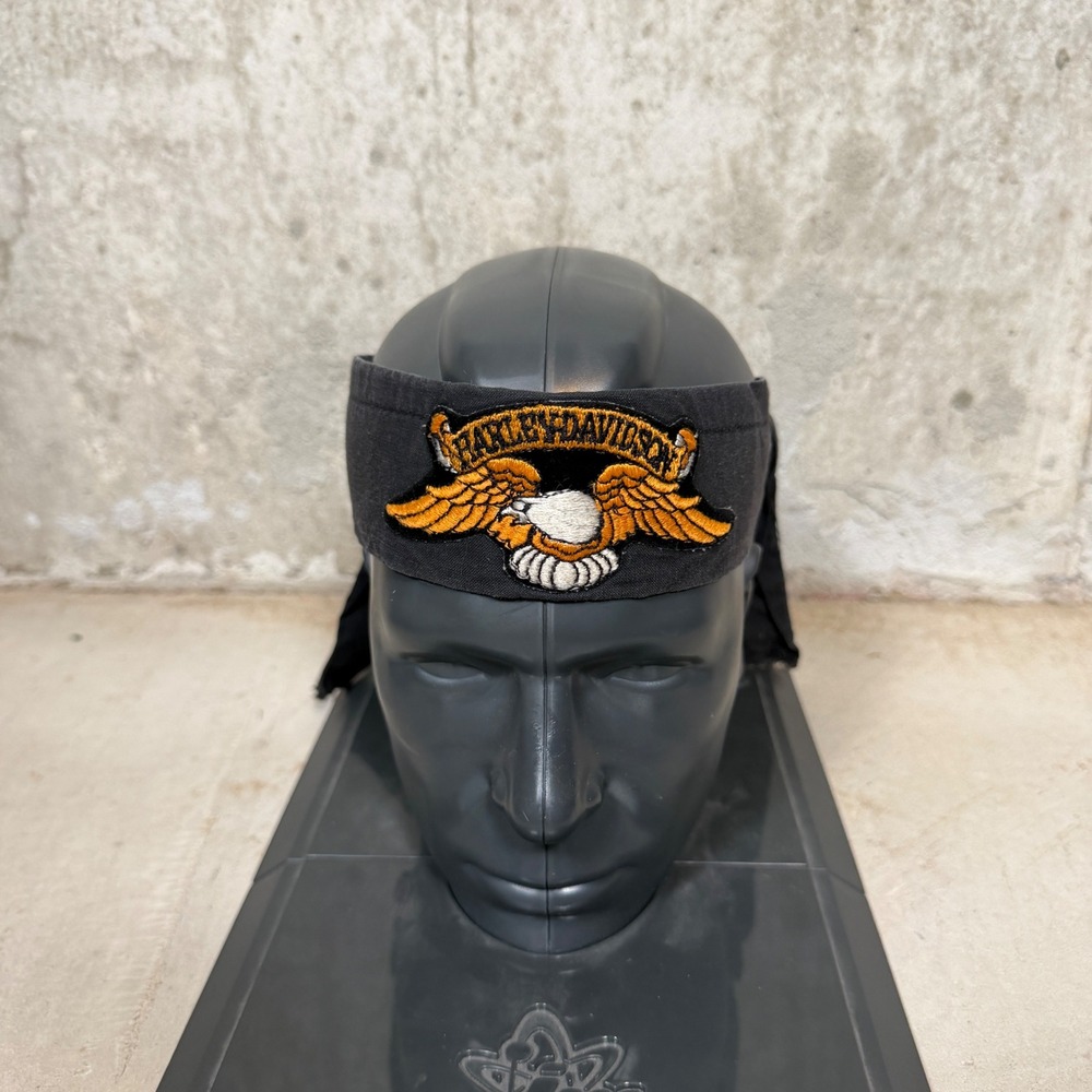90s Harley-Davidson Black Cotton Biker Headband Wrap Embroidered Eagle Patch Tie